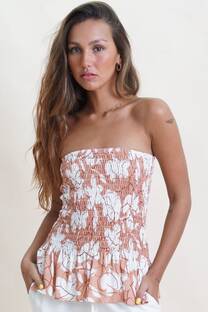 Top strapless de lino elastizado estampado floreado - 