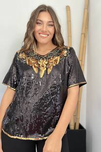 Blusa Lentejuelas Cuello Combinado Dorado vtk311 - 