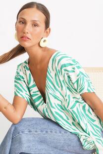 Blusa de lino estampado zebra escote V  - 