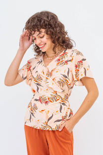 Blusa de fibrana estampada flor cruzada con volados y tiras - Blusa de fibrana estampada flor cruzada con volados y tiras -