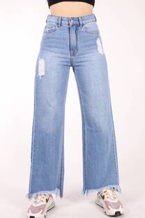 Jeans. Wide leg rígido azul localizado ruedo normal con roturas - 