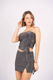 Top Silver Strapless Con Frunce Asimetrico Lurex - 