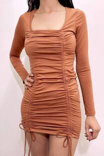 Vestido microfibra cuello cuadrado doble frunce frontal - 